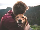 photo of man hugging tan dog